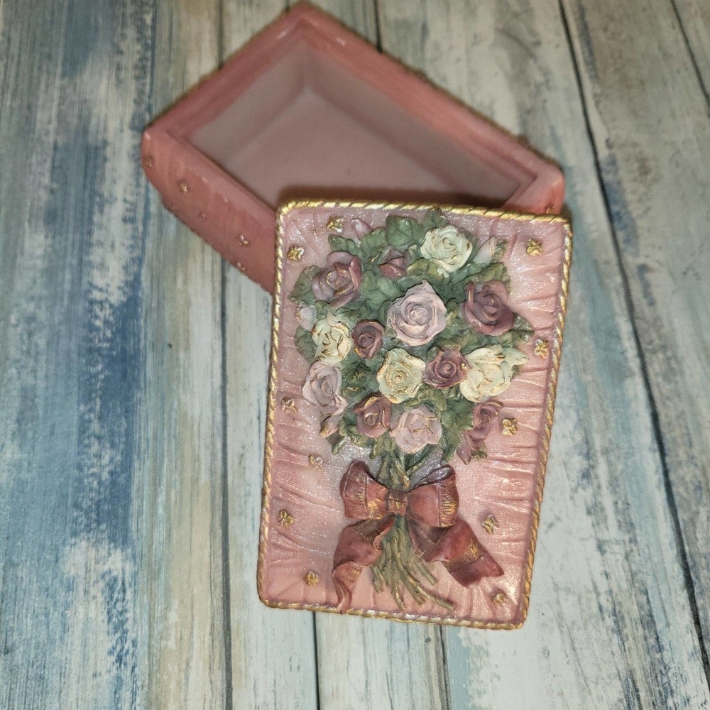Vintage Ganz Pink Rose Ceramic Gift Trinket Jewelry Box Christmas gift